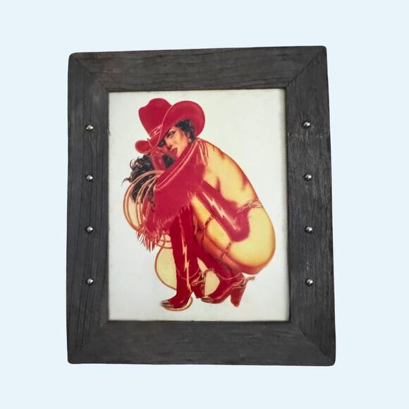 Cowgirl Pin-Up Western Wall Art in Barnwood Frame | Double-Sided Rustic Decor - Picture 2 of 9
